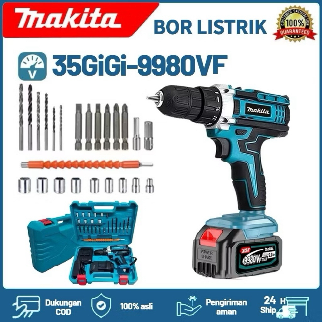 MAKITA BOR LISTRIK 35 gigi 9980VF lengkap dengan aksesoris dan batre tahan lama, efektif dan fleksib