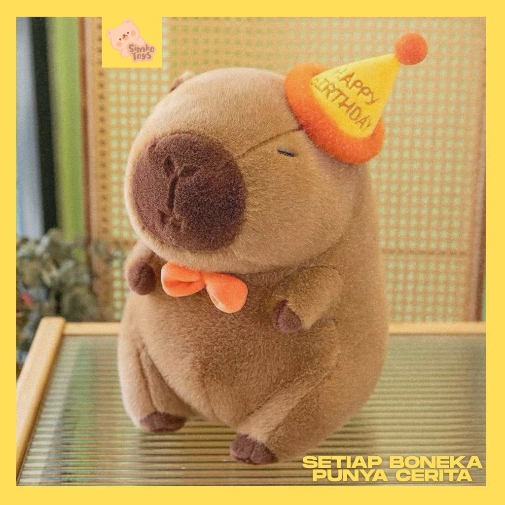 Simko Toys - Boneka Cappybara Happy Birthday Boneka Kapibara Topi Kerucut Happy Birthday untuk Hadia