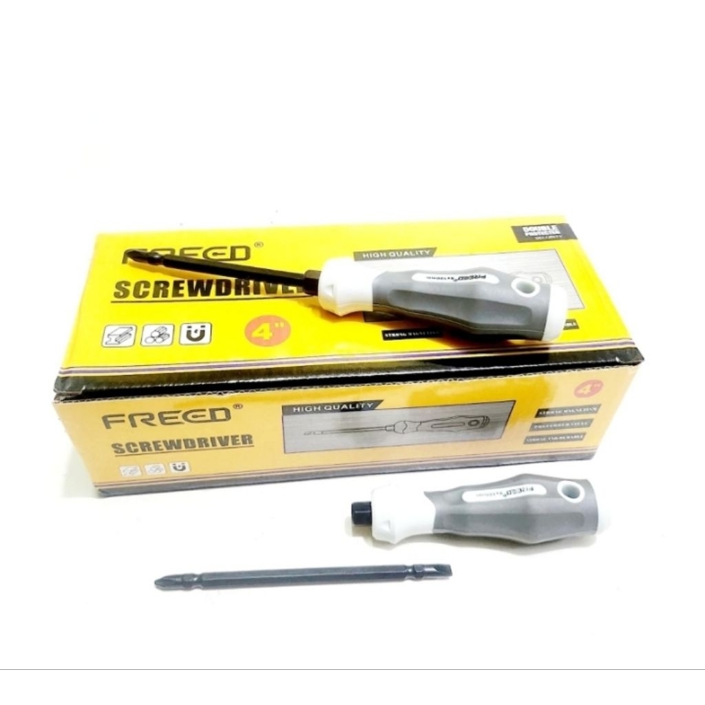 FREED Obeng Bolak Balik Gagang Karet 6x100mm Abu / Obeng BB Magnet Plus Minus Abu FREED