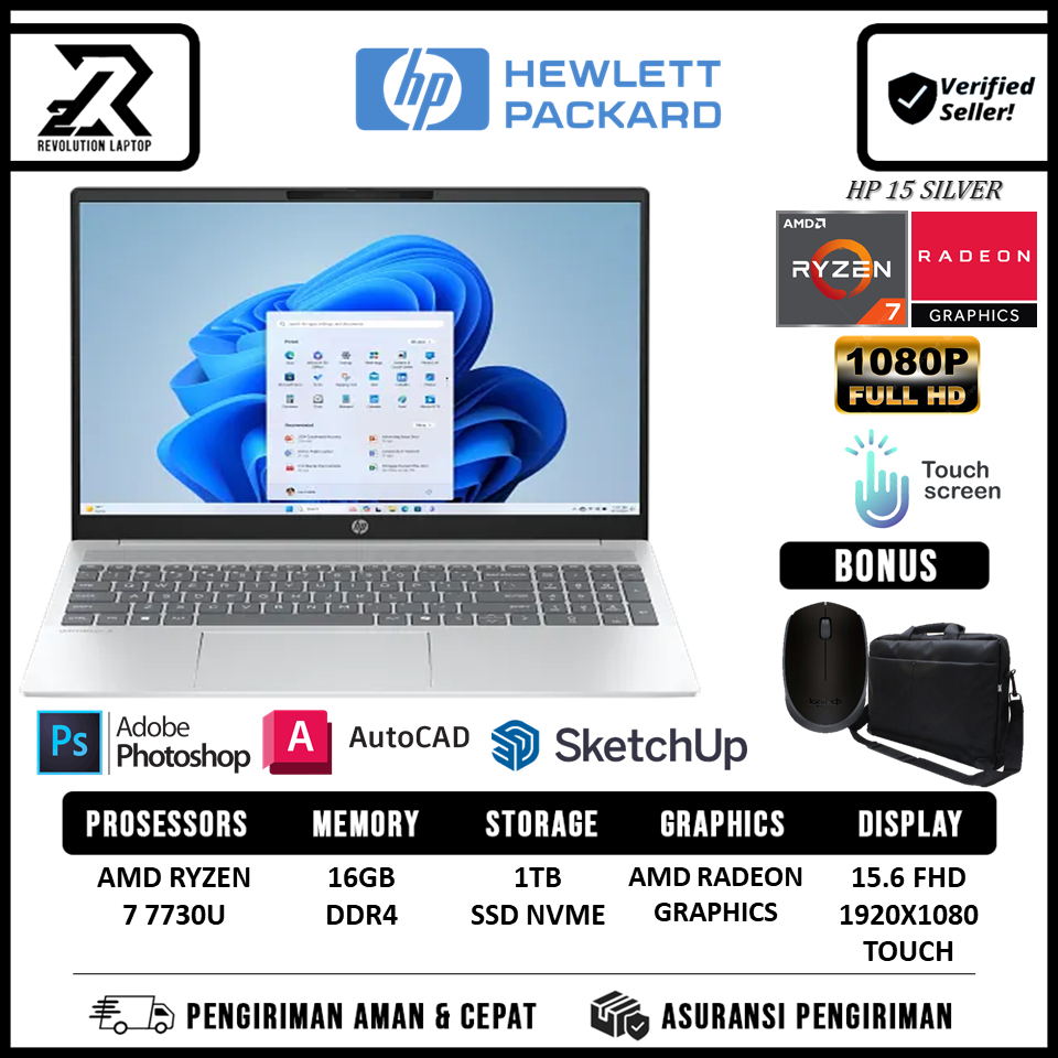 Laptop Gaming HP 15 AMD Ryzen 7 7730U 32GB 1TB SSD FHD IPS Touch windows 11 Home Sliver