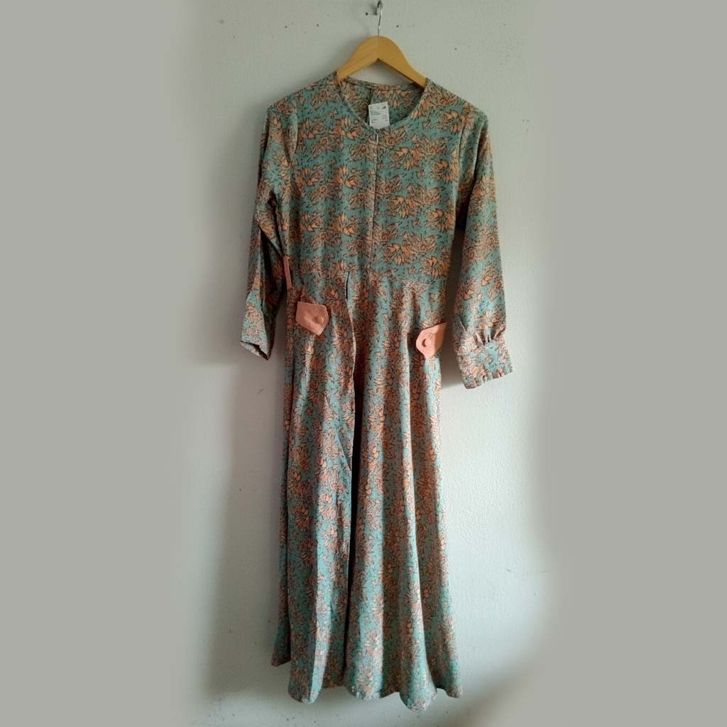 Gamis Maxi Dress Muslimah Motif Floral Bunga Vintage Lengan Panjang - Warna Mint Peach Style Korea