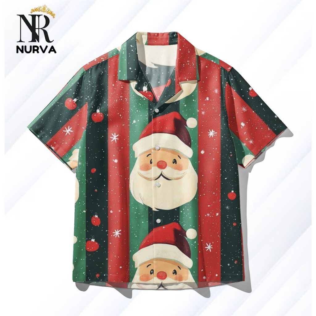 NURVA Kemeja Pria Wanita Full Print Christmas Natal Santa Stripes Garis Merah Hijau – Kemeja Holiday