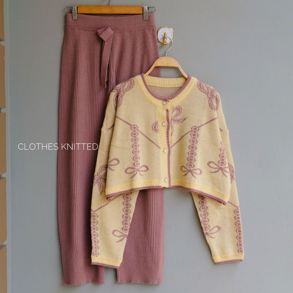 Oneset Cardigan Rajut Setelan Celana Kulot Rajut Wanita