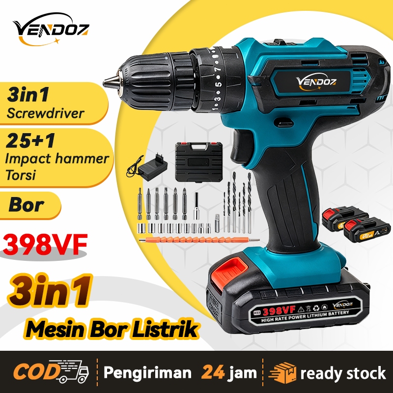 VENDOZ Mesin Bor Listrik Baterai Cordless Bor Tangan Baterai Drill Bor Cas Besi Tembok Beton Kayu