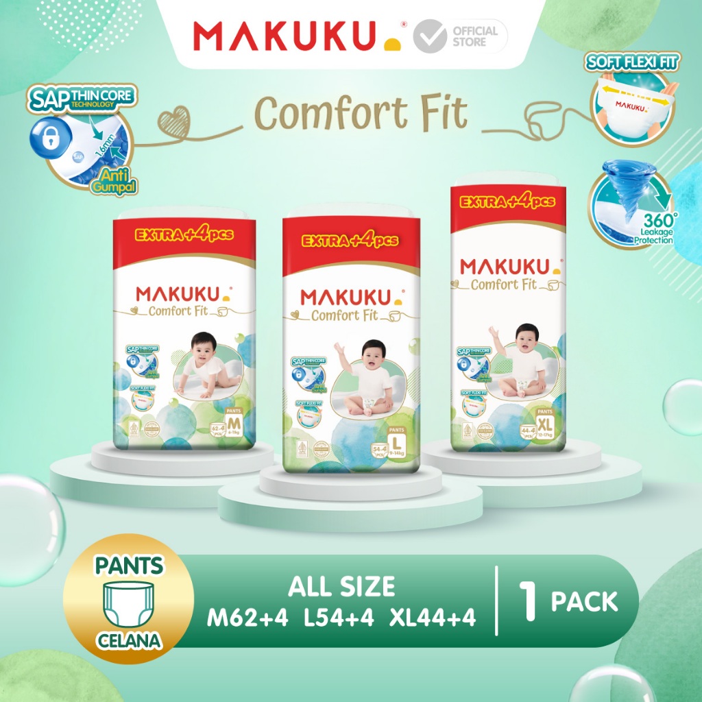 [1 PACK] Makuku SAP Diapers Comfort Fit 3.0 Plus Extra Jumbo +4 Pack Celana / Pants Popok Bayi M62+4