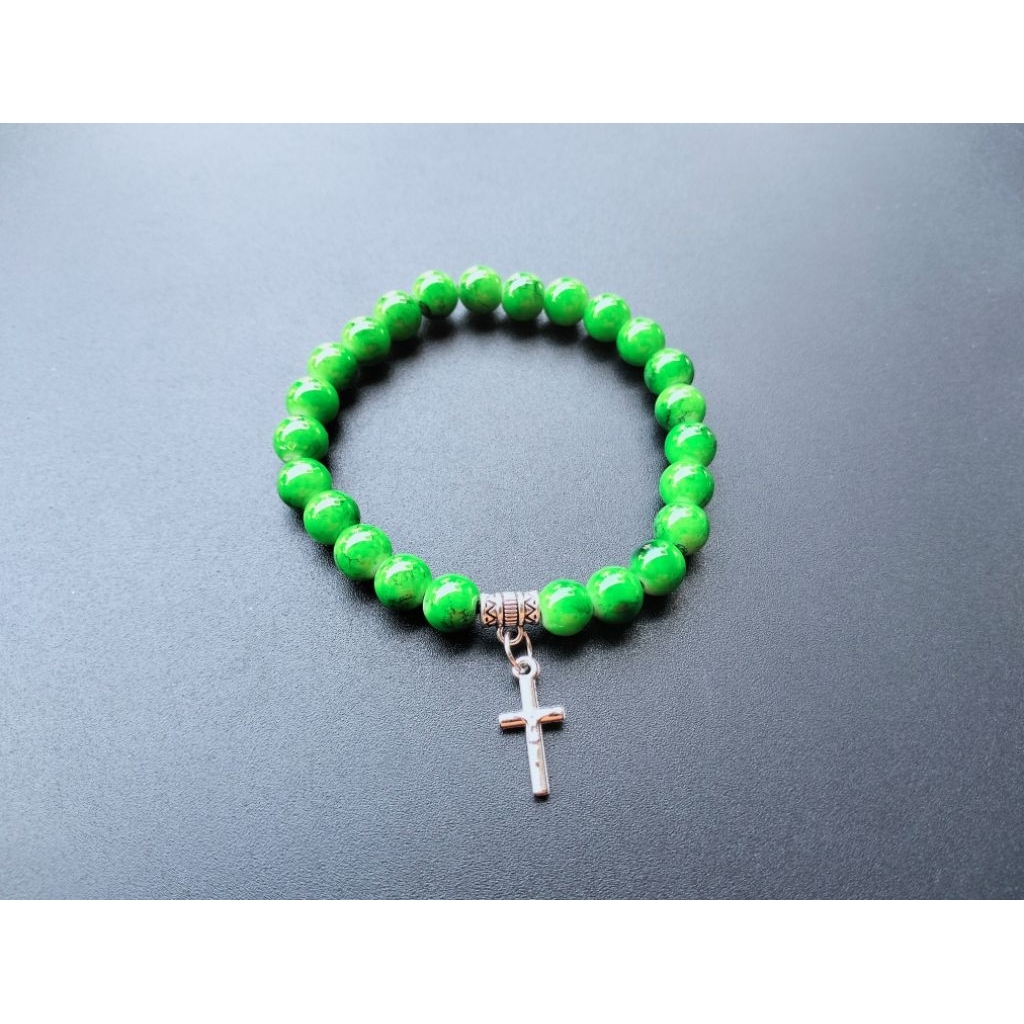 G783 GELANG SALIB MUTIARA BERAT KRISTAL KACA GIOK MOTIF BATU ALAM KATOLIK