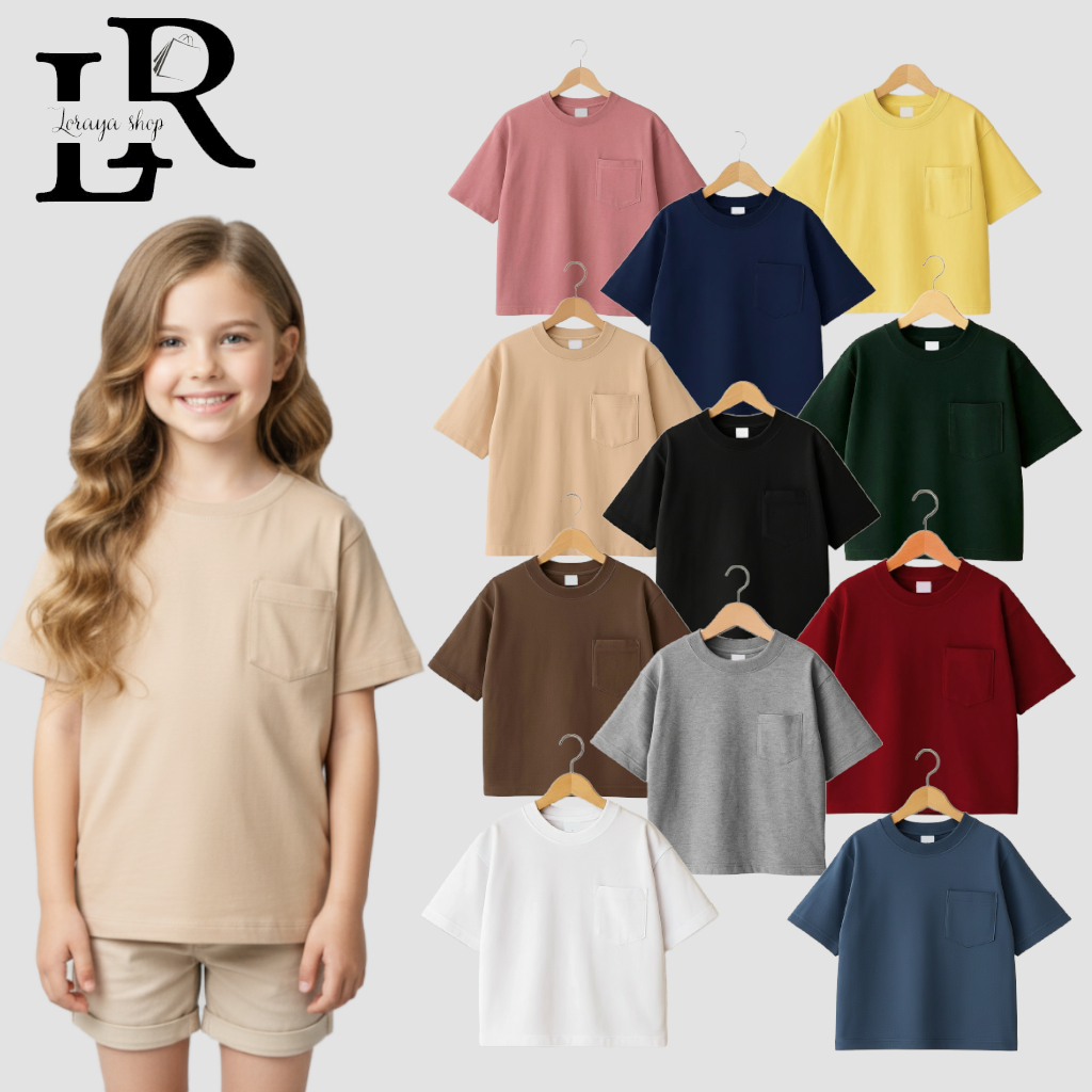 Lorayashop Kaos POCKET Anak Oversize | Baju Pocket Anak Unisex Kaos Polos Anak 24s