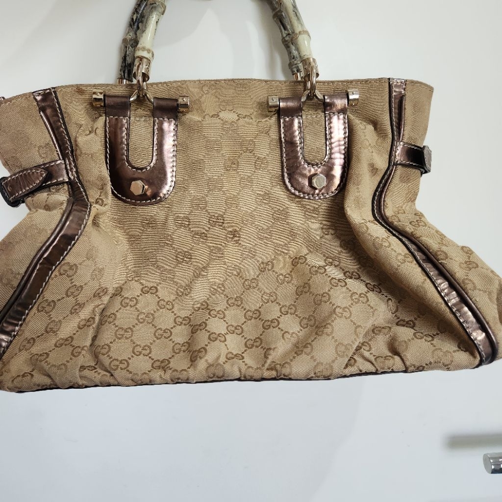 Tas Gucci GG canvas & leather bamboo pop large satchel tote bag