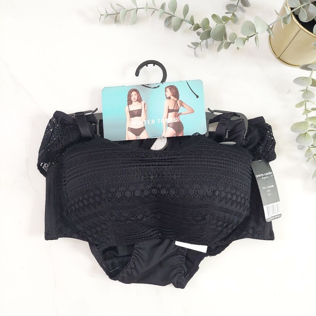 Pierre cardin Bra set 36b 80b panty L model kemben bahan renda lace hitam soft premium busa tipis pa