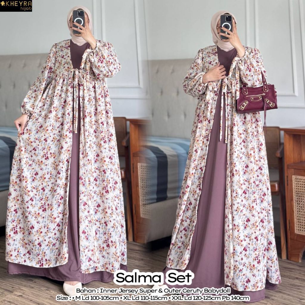 “Hijab Set Salma – Outer Motif Bunga Babydoll + Inner Jersey Super, Outfit Muslimah Elegan”