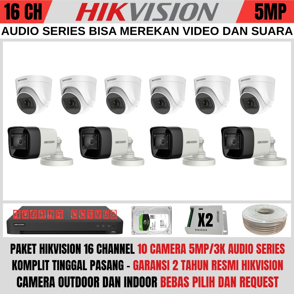 Paket CCTV Hikvision 16 Channel 10 Camera 5mp Turbo HD Audio Series - Camera CCTV - Camera Hikvision