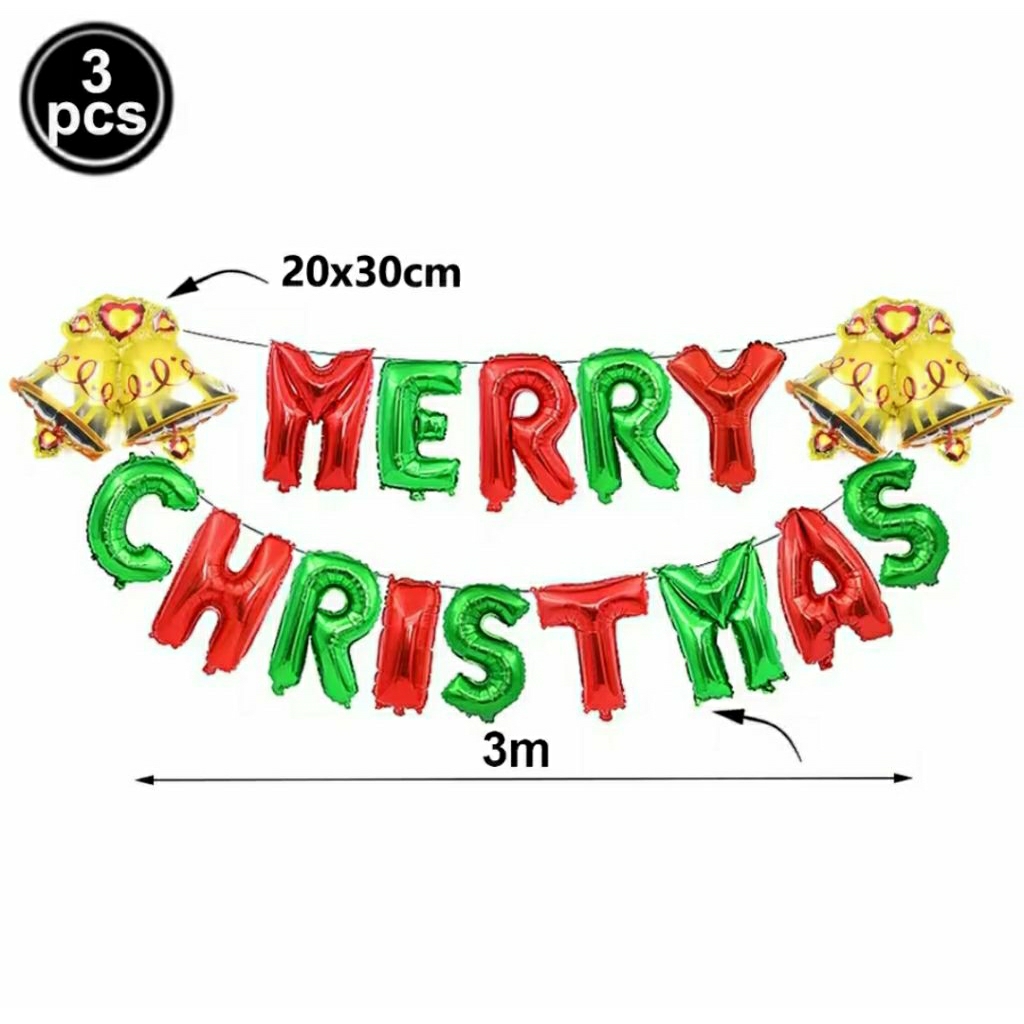 Set balon foil huruf tulisan merry christmas warna hijau tua merah emerald green red hiasan dekorasi