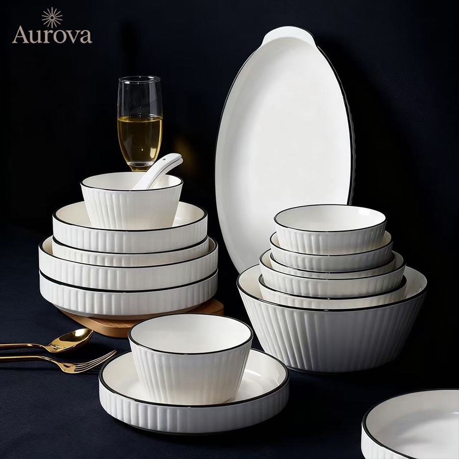 AUROVA Set Peralatan Makan 6 PCS Gaya Amerika Motif Ulir Lis Hitam Elegan Mewah Tahan Panas Microwav