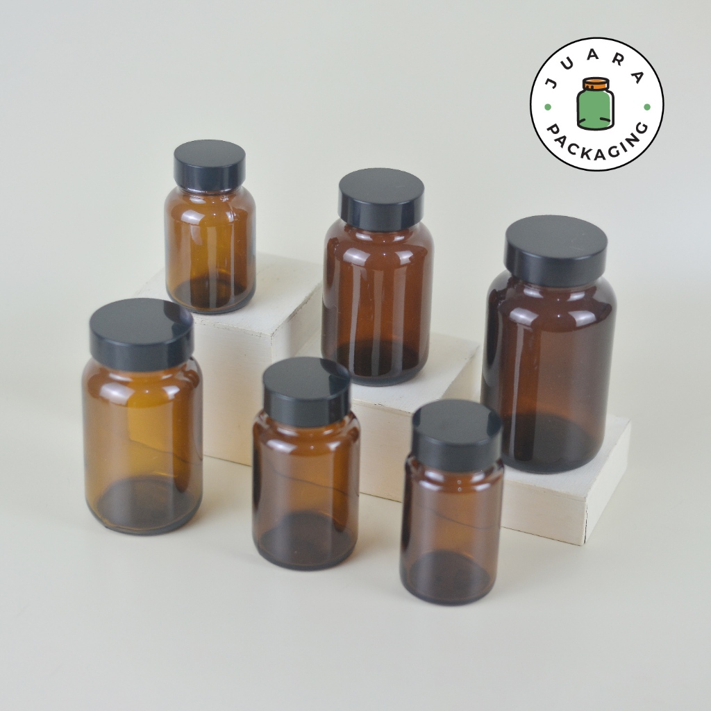 Botol Kaca Amber 60 ml 75 ml 100 ml 120 ml 150 ml 200 ml – Jar Kaca Coklat Tebal dengan Tutup Hitam 