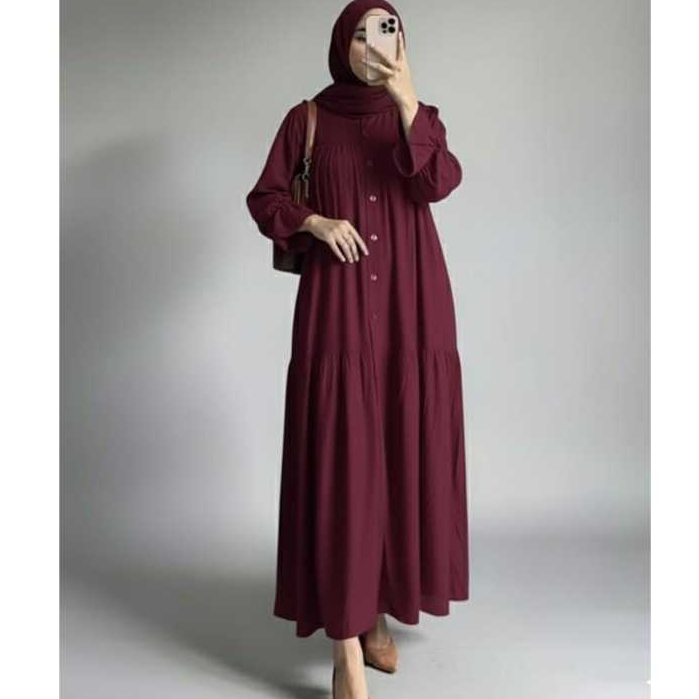 Gamis Dress Rayon Twill Gamis Wanita Bahan Rayon Twill Polos Lengan Balon Busui Dress Lebaran