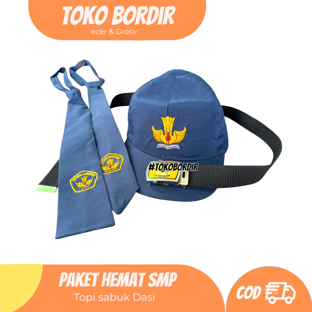 1 set (3biji) paket anak SMP ( Topi SMP biru polos / dasi SMP / sabuk SMP )