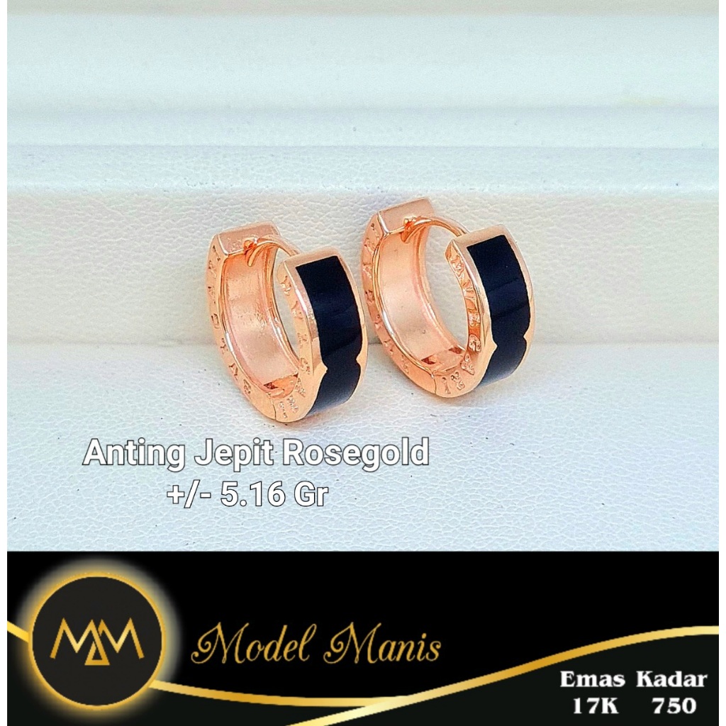 Model Manis Gold - Anting Jepit Bulat Lis Hitam Rosegold - Emas 17k  750