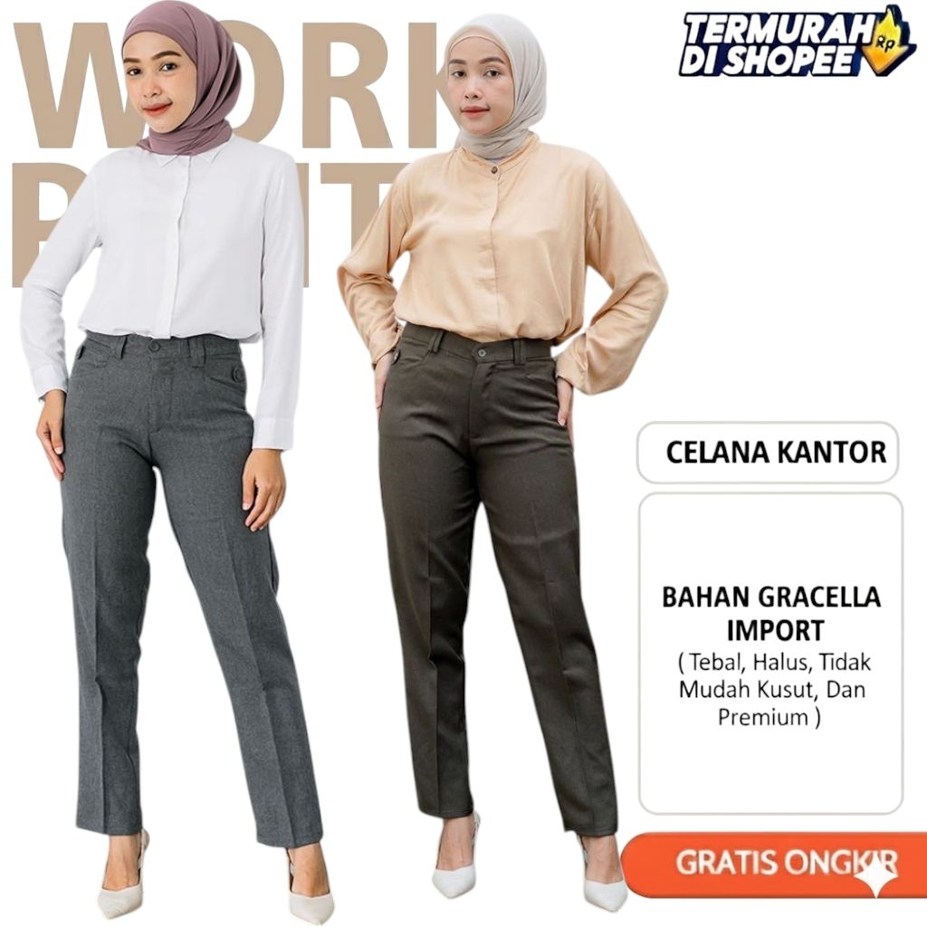 DEJIFA CELANA BAHAN KAIN WANITA KERJA / CELANA FORMAL WANITA PINGGANG RESLETING PUTIH JUMBO