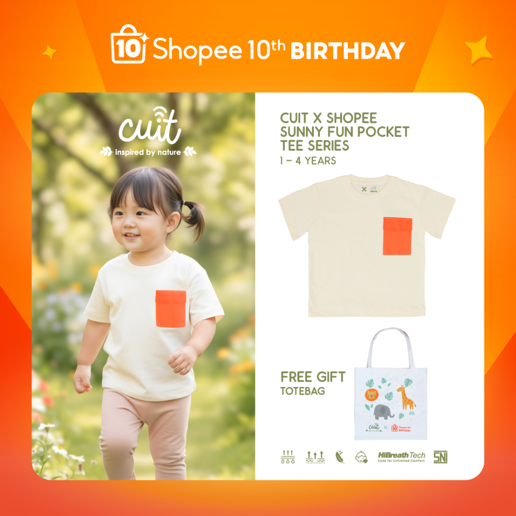 [Shopee Special 10th Birthday] CUIT X SHOPEE Sunny Fun Pocket Tee Series Kaos Saku Anak 1-6 Tahun + 