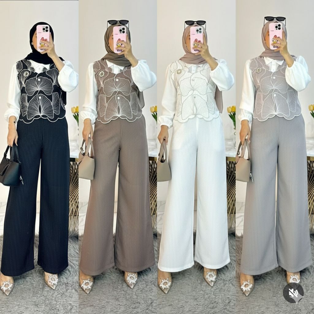 Setelan Vest Brokat Pinstripe Kulot Korea | Set Celana Outer Kemeja Wanita Modest