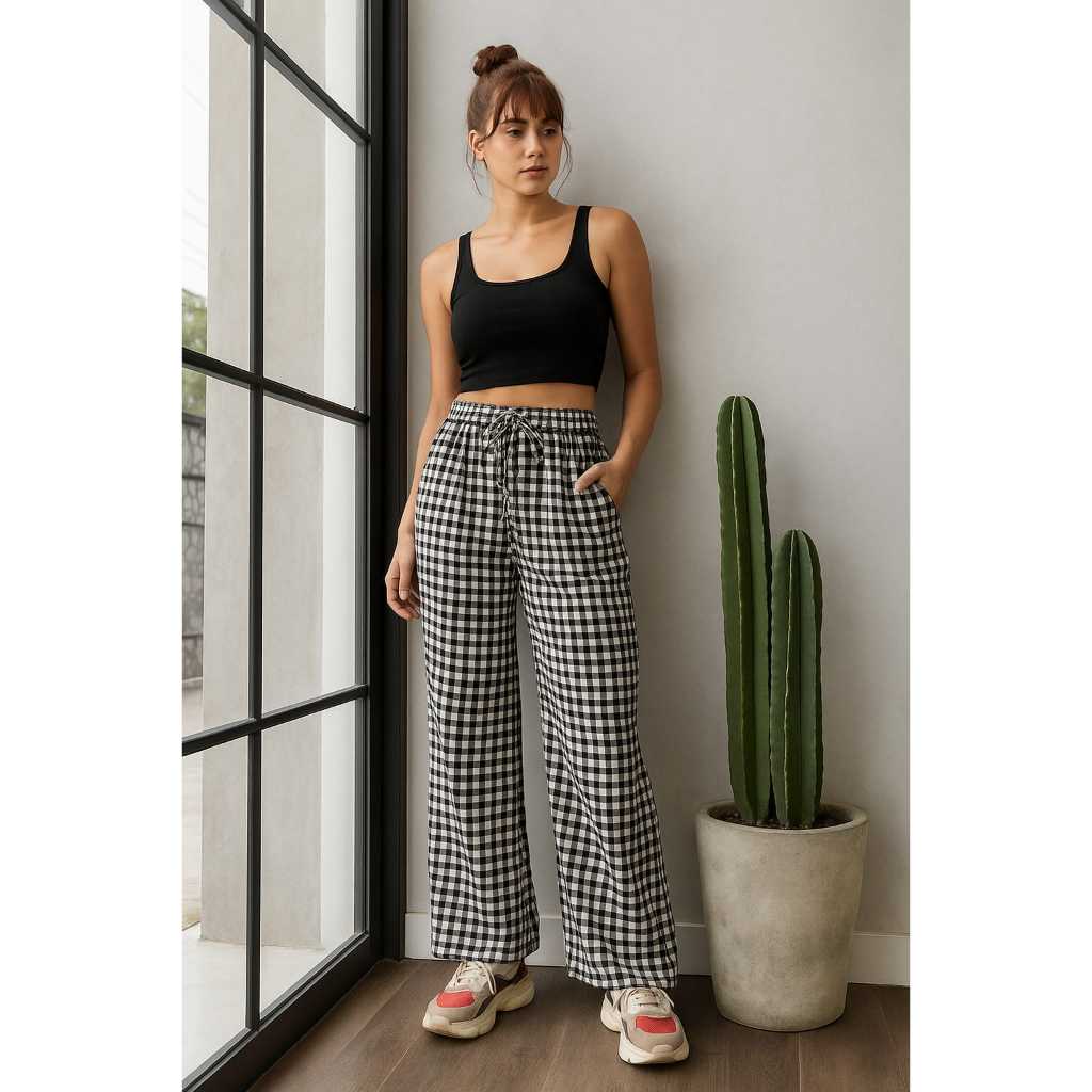 Korean Long Pants Tartan | Celana Kulot Wanita Motif Kotak-Kotak