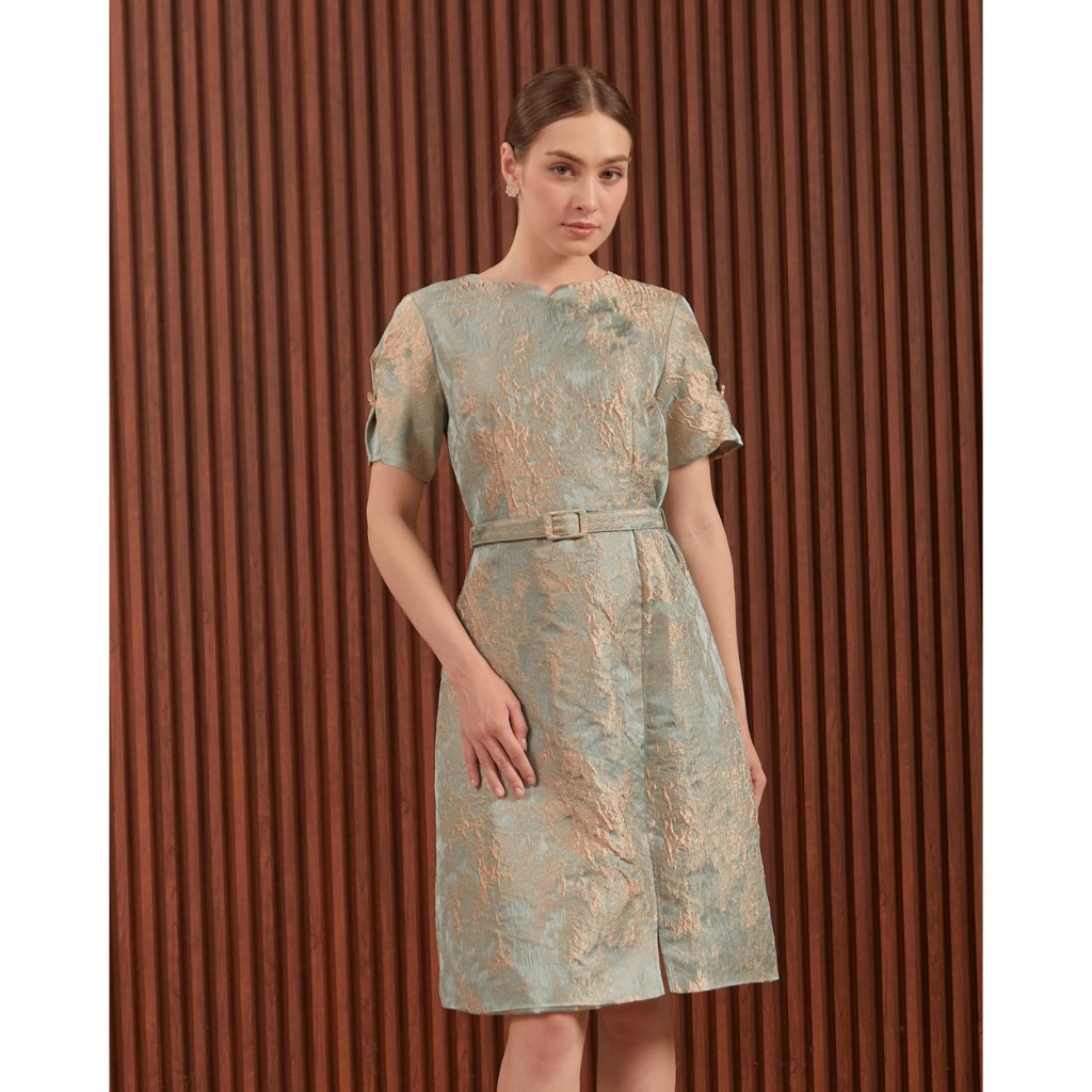 ESYE Opera – Candice Dress in Beige & Blue | Dress Jacquard A-Line Wanita