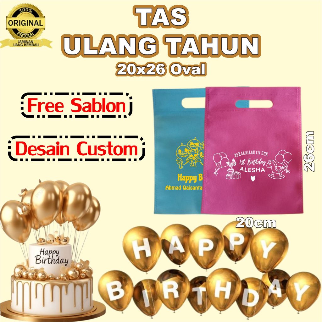 Tas Spunbond Birthday Ulang Tahun Anak 20x26 Oval FREE SABLON