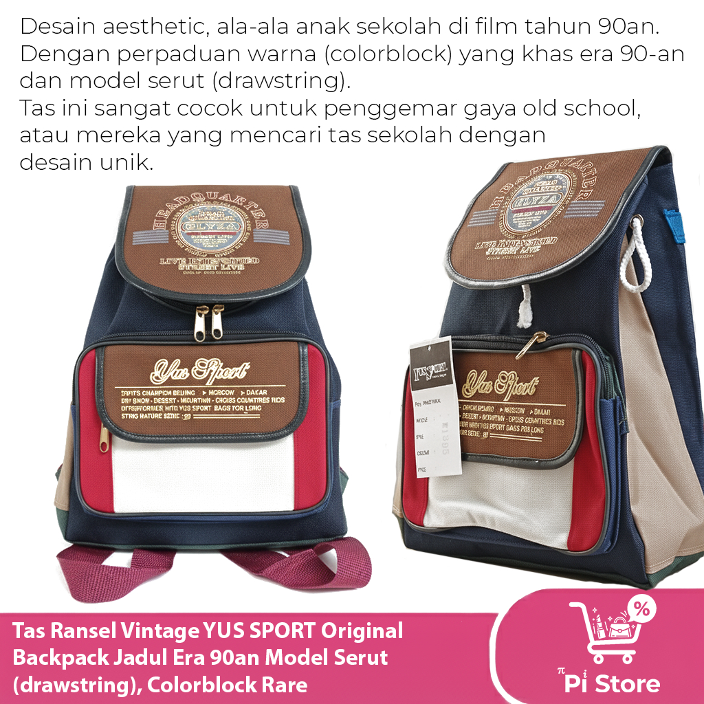 Tas Ransel Vintage YUS SPORT Original Backpack Jadul Era 90an Model Serut (drawstring), Colorblock