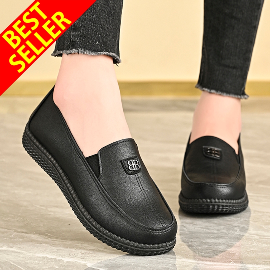 QINGSHUI Sepatu Flat Wanita Kulit Korea Fashion Terbaru Sepatu Kantor Elegan Nyaman Bernapas Ringan