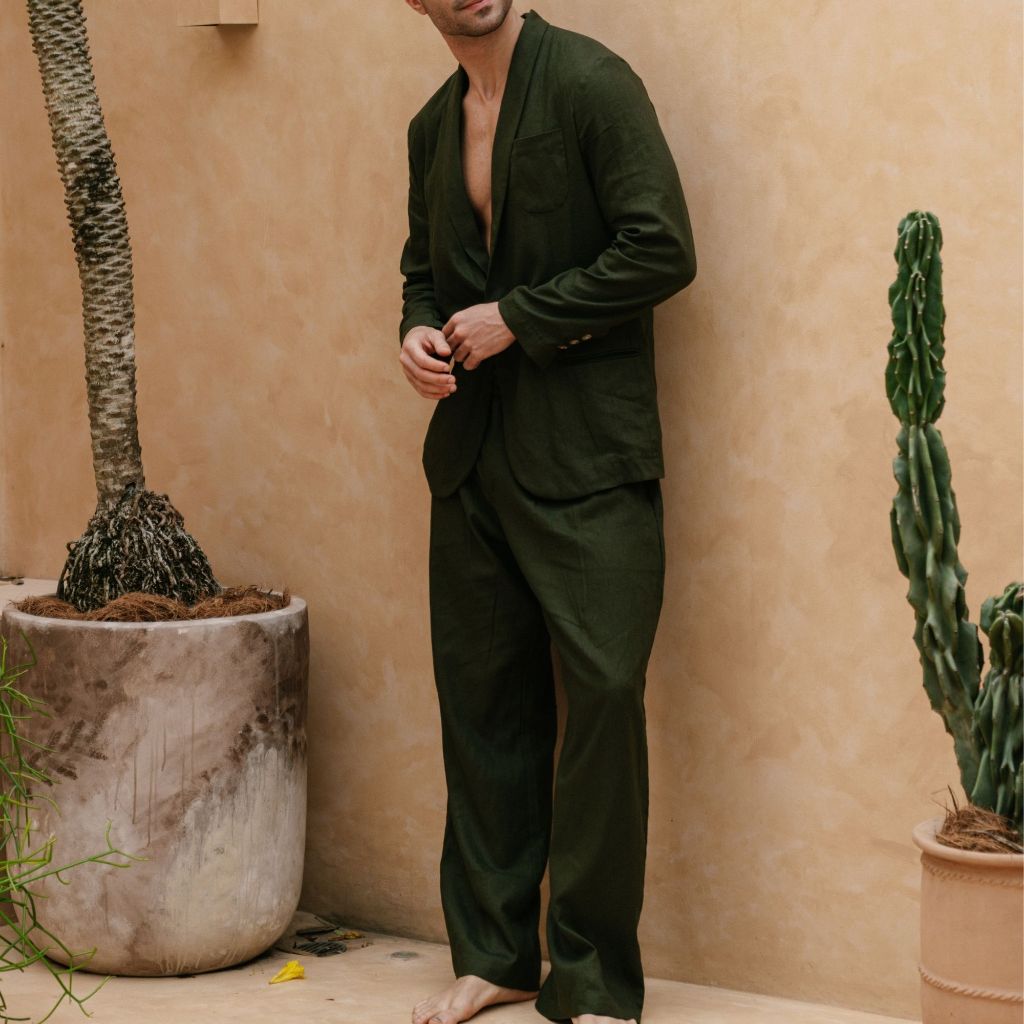 REMEDY Outer Linen Set Pria Panjang Warna HIjau Army - Midnight Green Linen Blazer