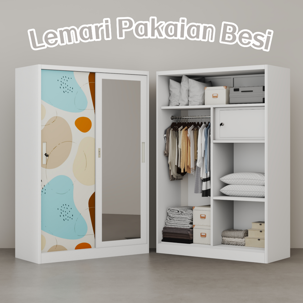 Lemari Pakaian Besi — Sliding 90cm / 120cm 2 Pintu Lemari Baju Besi Pintu cermin