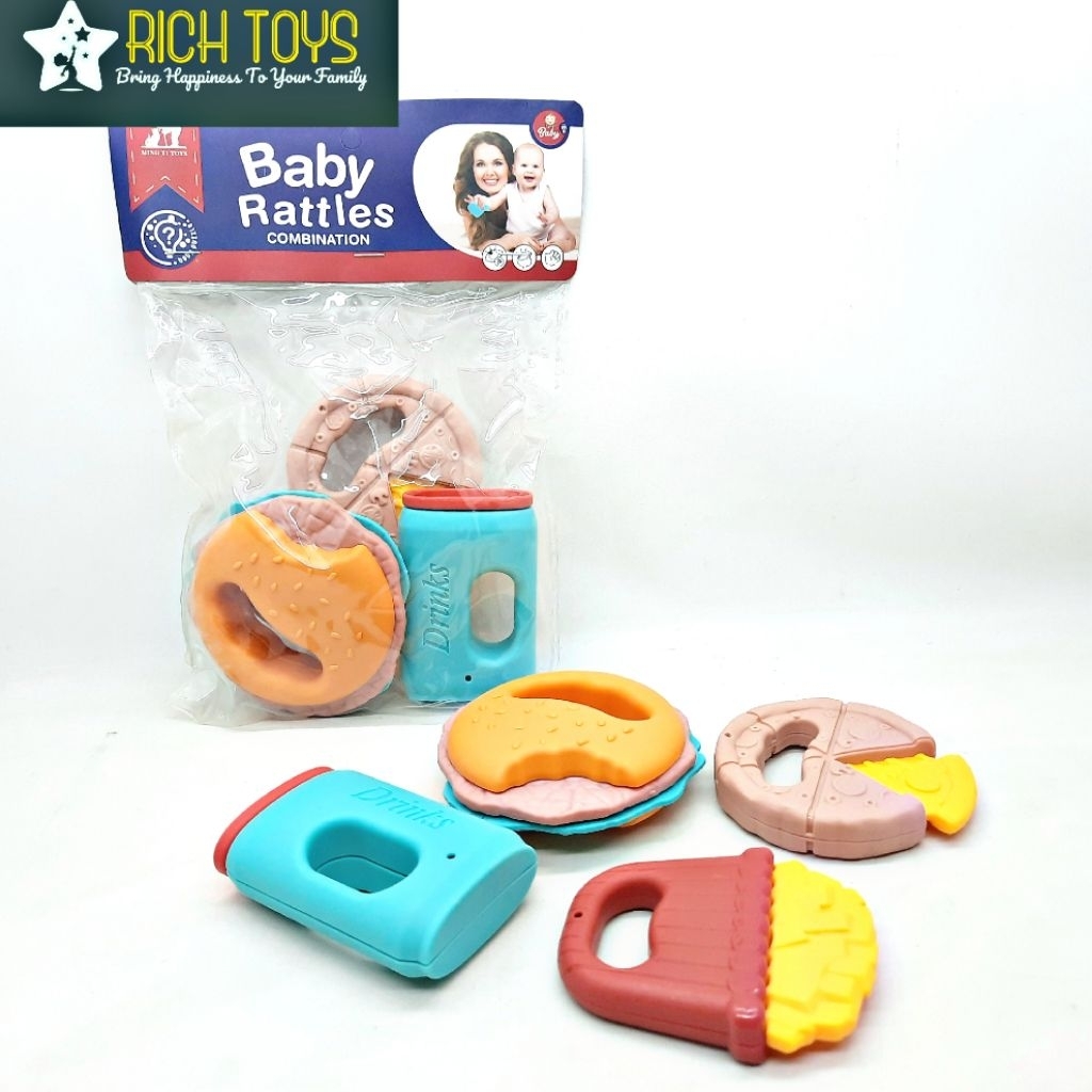 Rich Toys Mainan Edukasi Bayi Rattle Baby Dynamic 4pcs Tema Makanan Favorit Anak Burger, Pizza, Kent