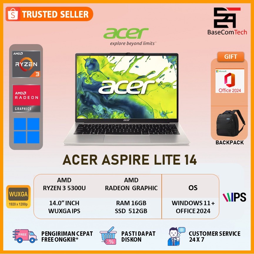 Acer Aspire Lite 14 AMD Ryzen 3 5300U 16GB/512GB 14.0 inci WUXGA IPS Windows 11