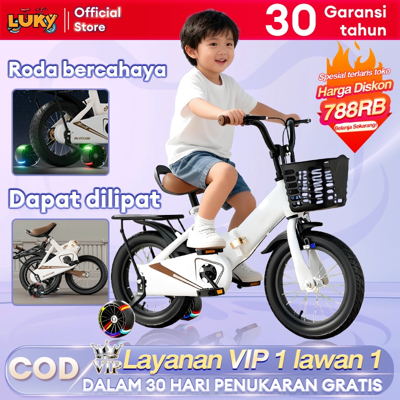 LUKY Sepeda anak Tahun Lipat Ringan Roda latihan yang menyala Usia 3 - 12 tahun