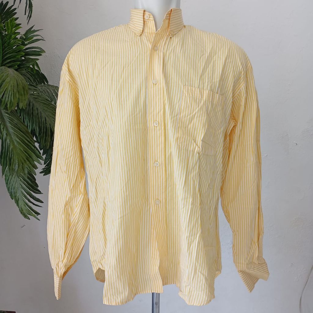 Kemeja Pria Tangan Panjang Motif Garis Vertikal Lis Kuning Putih