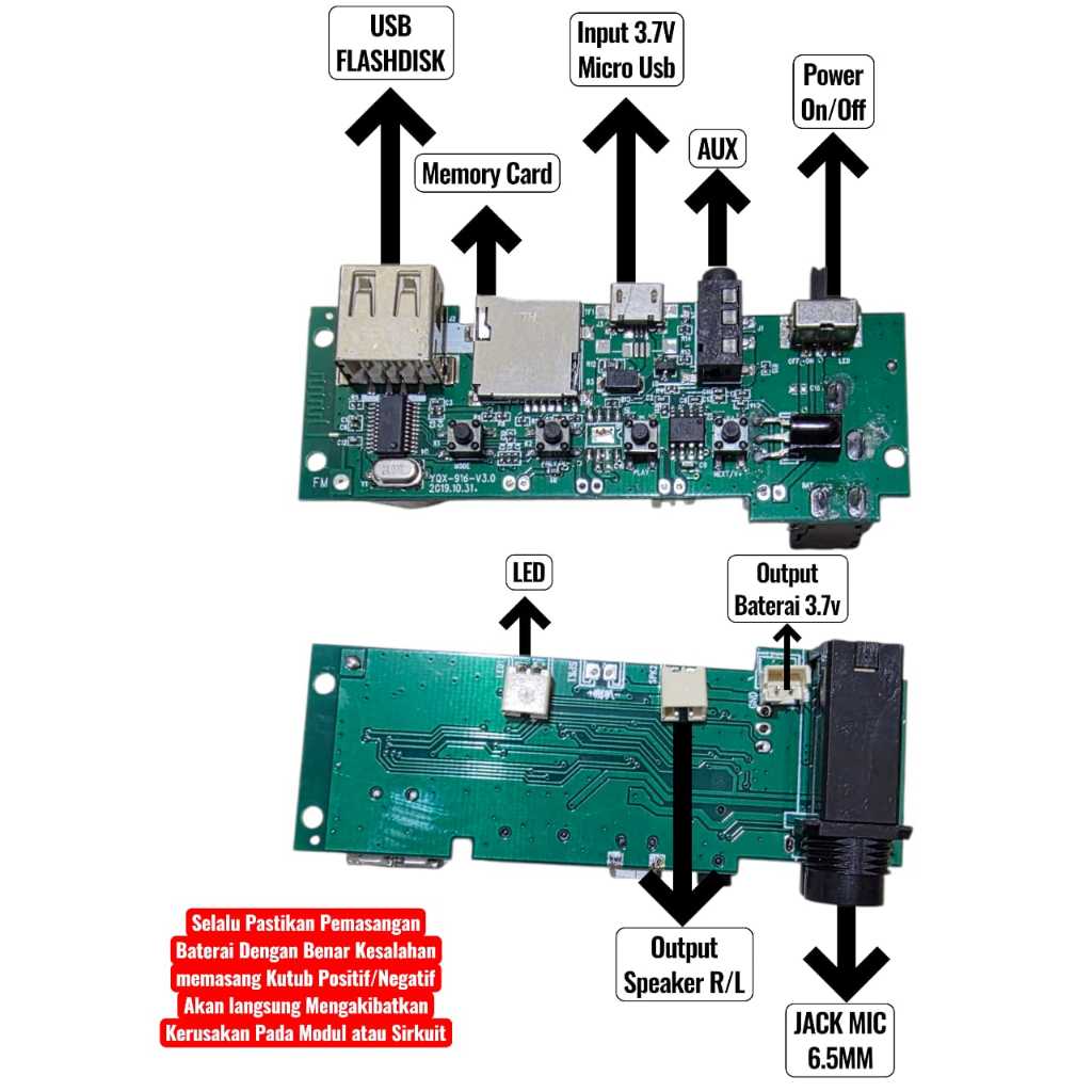 MODULE MODUL MP3 BLUETOOTH 3.7V-5V MODUL MUSIK BOX BT MIC MICROPHONE 6.5MM COPOTAN RADIO AUX FLASHDI