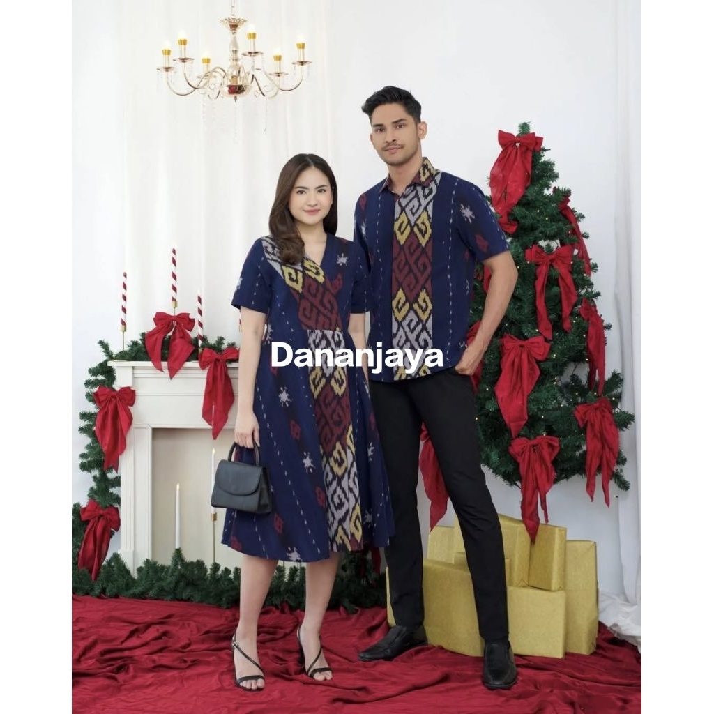 Baju Natal Couple Pasangan Calista Navy Dress Wanita Tahun Baru Imlek Kemeja Pria Seragam Batik Kelu