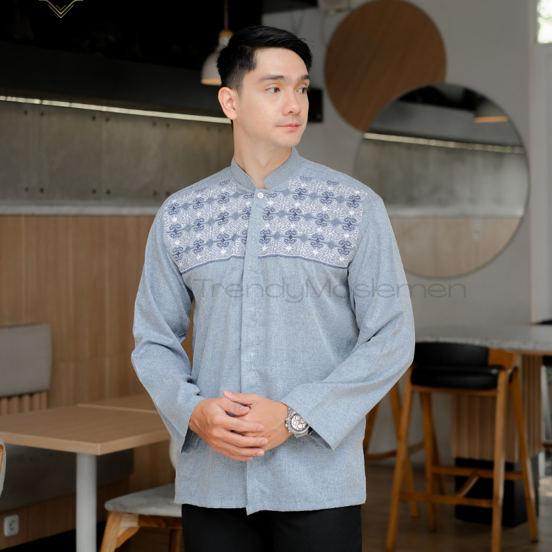 Trendymoslem Baju Koko Pria Lengan Panjang Matt Katun Madinah Premium Bordir Kekinian