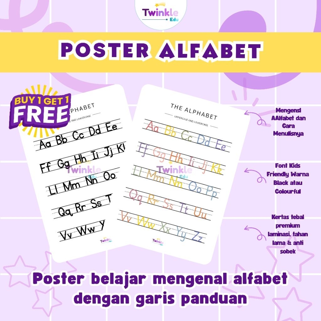 TWINKLE EDU - PROMO BUY 1 GET 1 Poster Alfabet Huruf Besar dan Kecil Dengan Garis Panduan Menulis Be