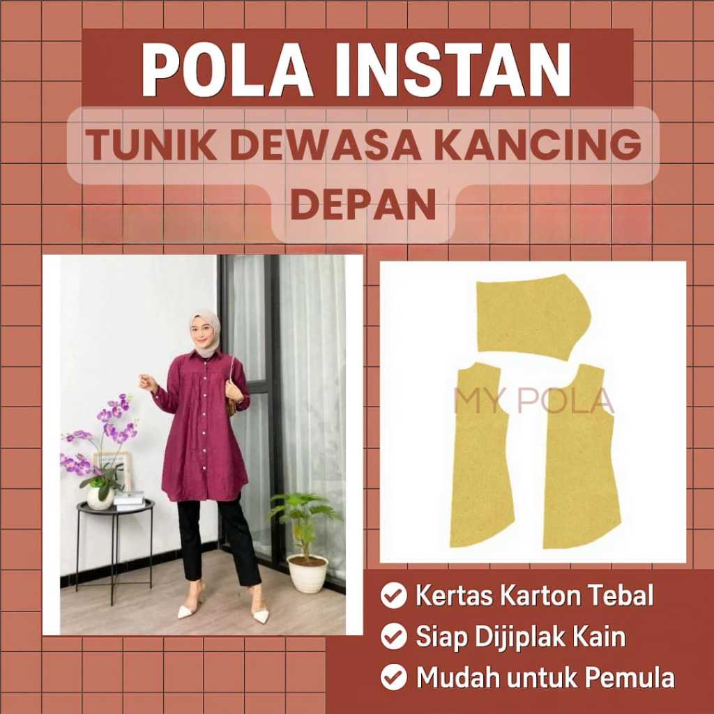 [ COD ]Pola Instan Tunik Dewasa Kancing Depan | Pola Baju Wanita Lengkap | Pola Instan | Pola Jiplak