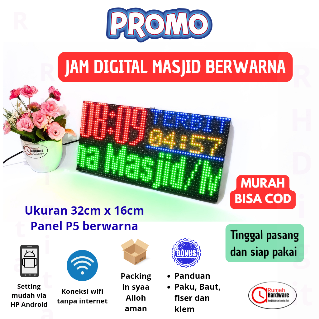 Jam waktu sholat masjid digital jws 1 panel p5 berwarna