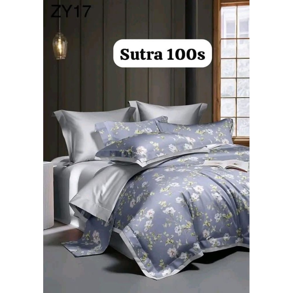 100s Sutra Organik Serat Bambu, Set Sprei Anti Geser dan Bedcover/Quiltcover dengan motif Grey Flowe