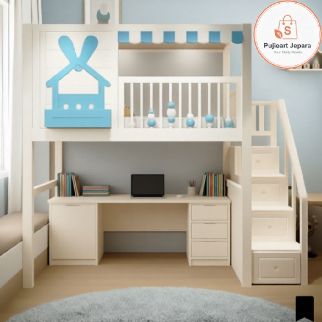 Bunk Bed Kayu Bawah Meja Belajar , Tempat Tidur Tingkat Minimalis