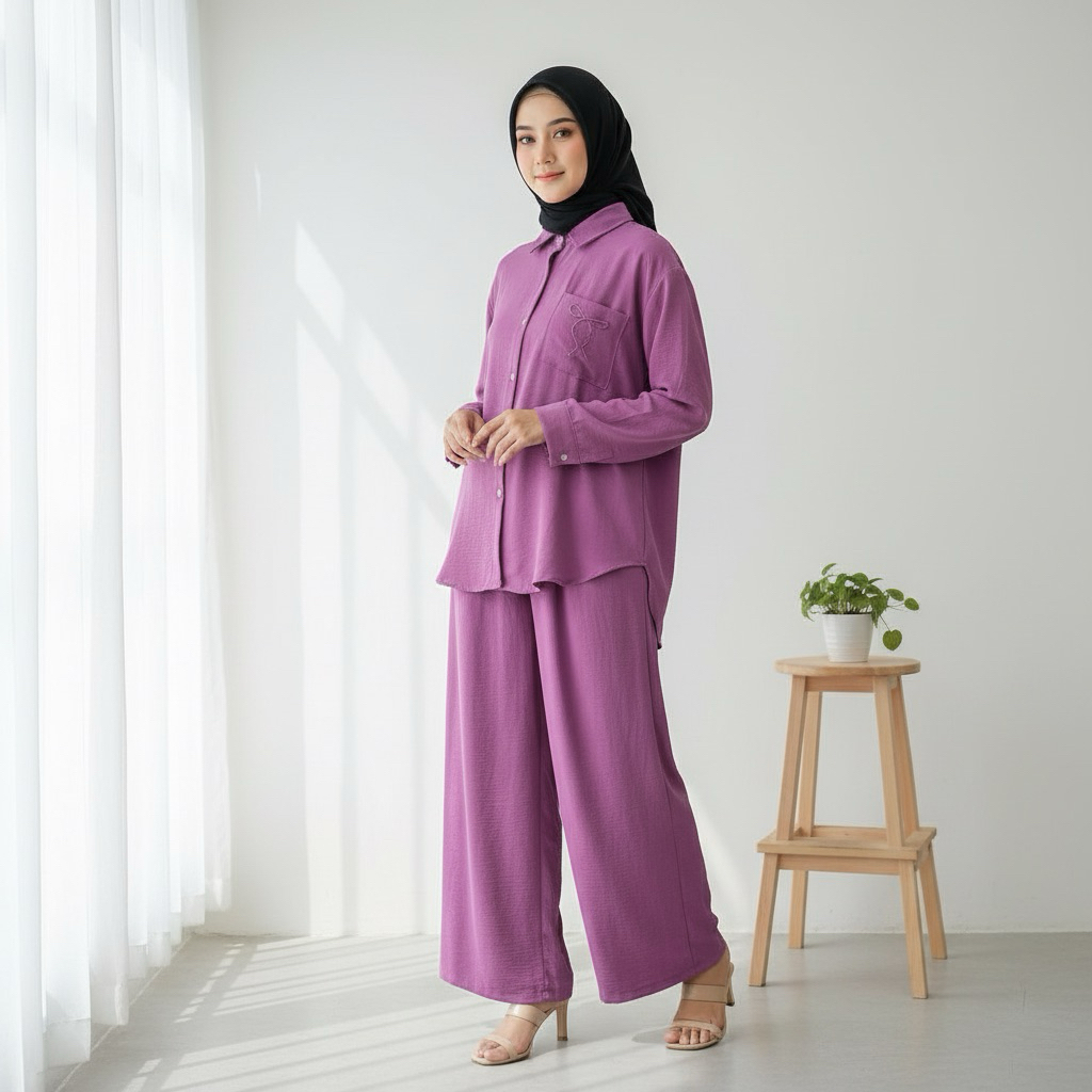 Hania Set Celana Kulot Kemeja Bordir - Celana Kulot Payung Kekinian - Kemeja Bordir Simpel Elegan - 