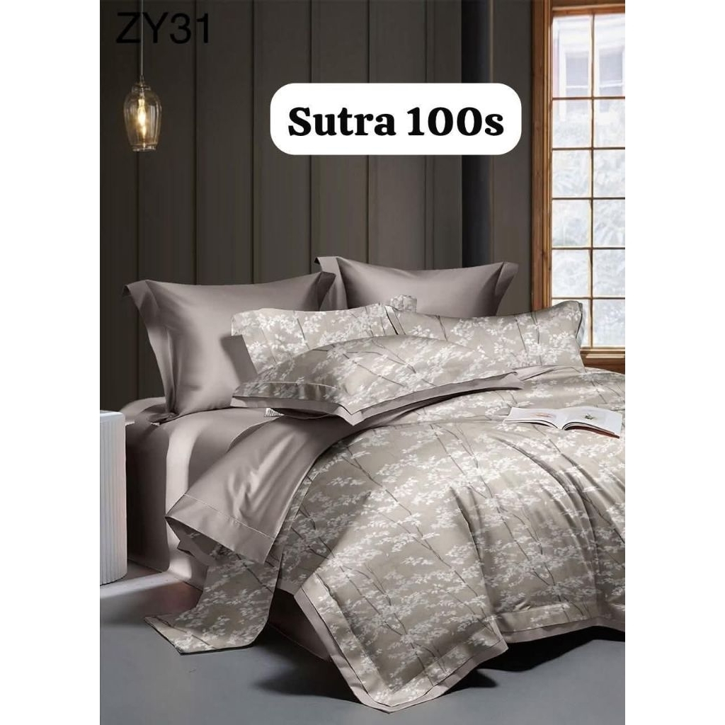 100s Sutra Organik Serat Bambu, Set Sprei Anti Geser dan Bedcover/Quiltcover dengan motif Grey Flowe