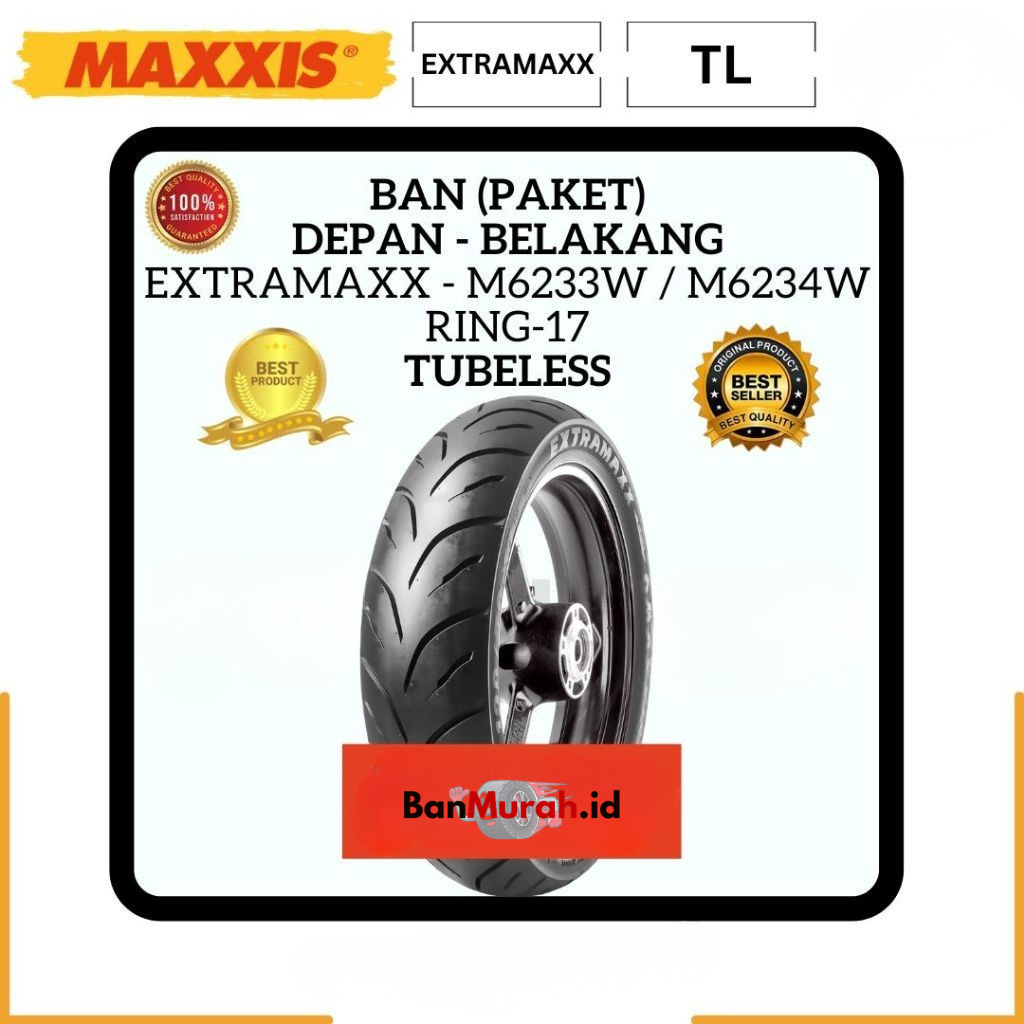 PAKET BAN MOTOR MAXXIS EXTRAMAXX UNTUK VIXION 90/80 120/70 Ring 17 Tubeless Paket Sepasang Depan Bel