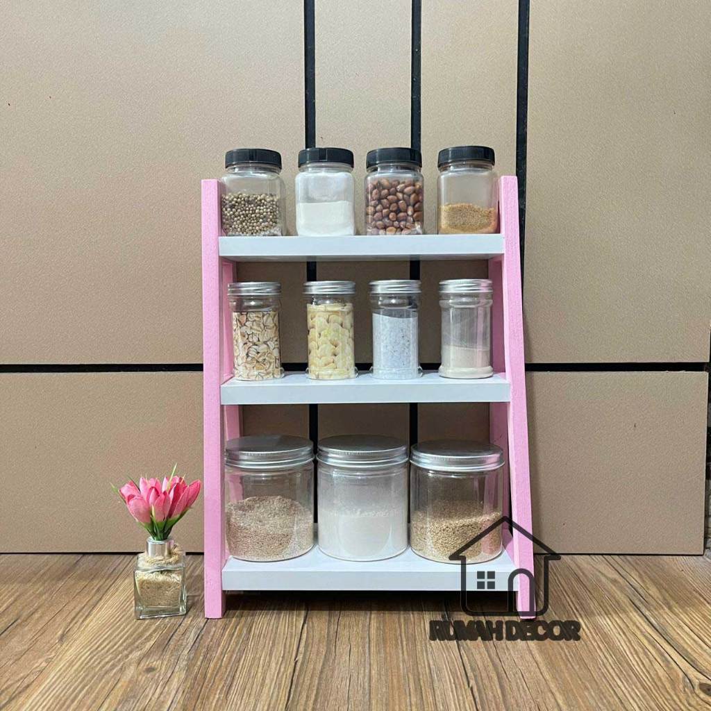 Rak Bumbu Dapur 2 Susun Kayu Jati Soft Pink