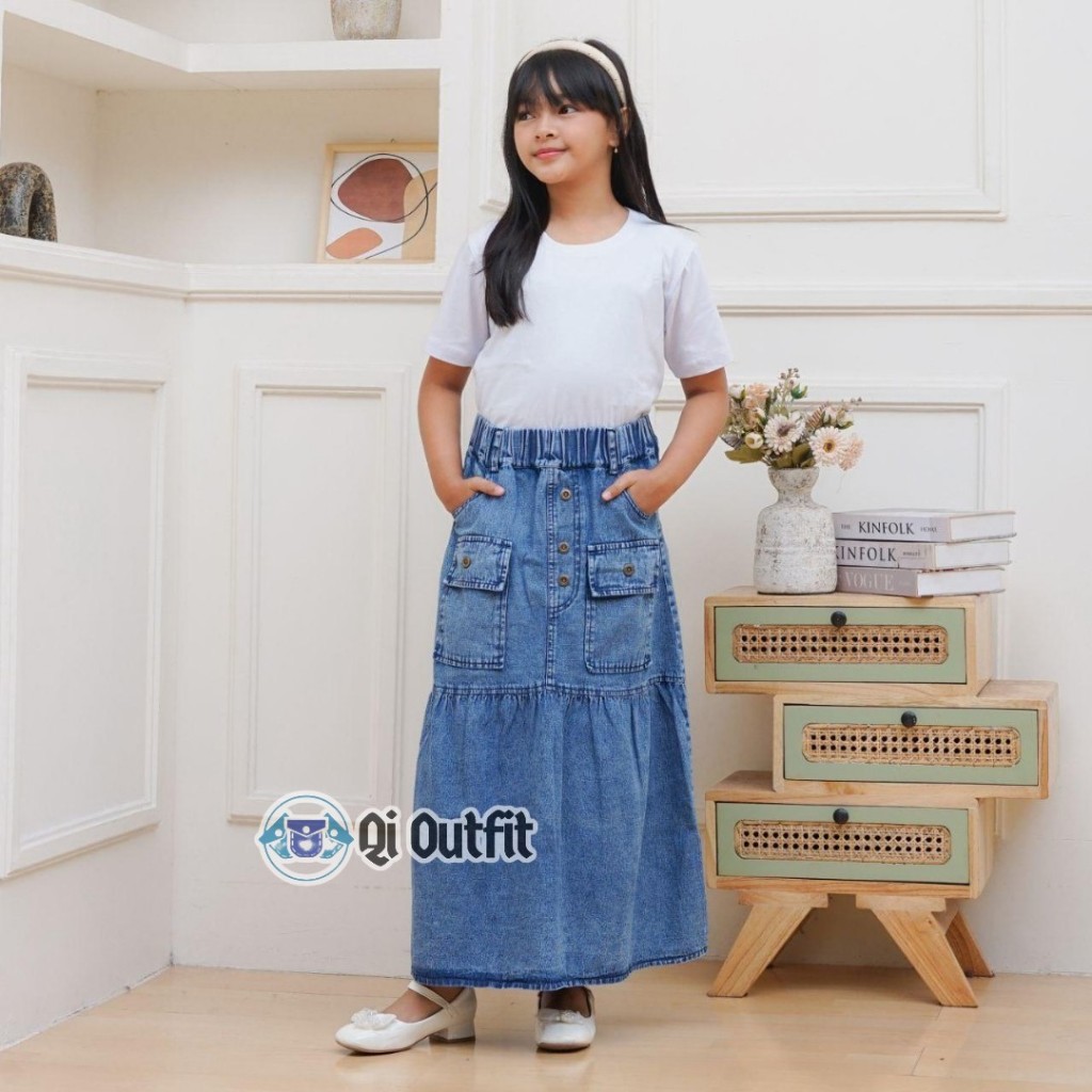 Rok Jeans Anak Perempuan Tanggung 7-14 Tahun Denim Stretch Pinggang Karet Kekinian Fashion Anak Terb