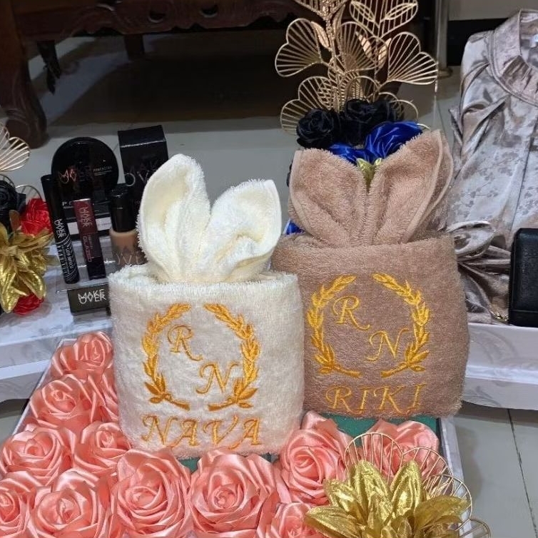Paket 2 Handuk Morning Wistle Bordir Hampers Handuk Couple Pernikahan / Seserahan Pernikahan