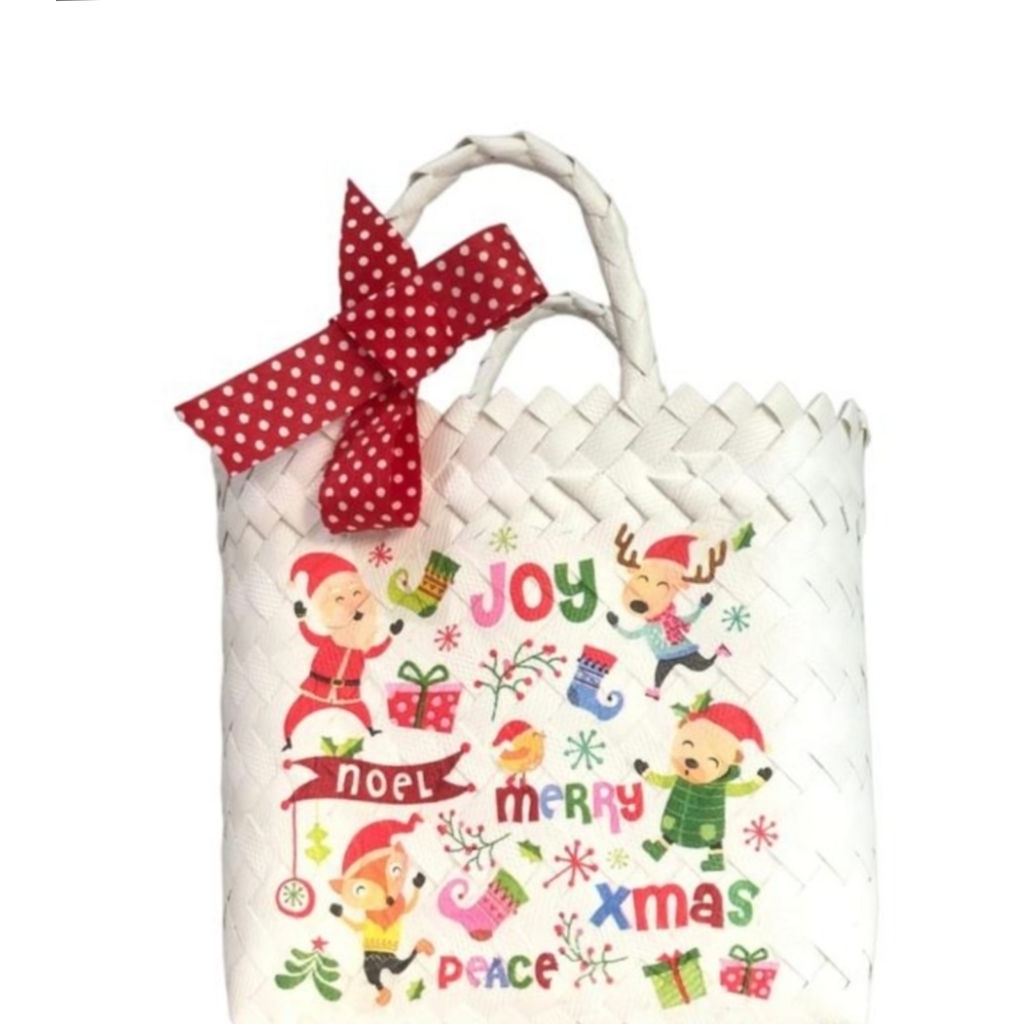 tas hampers natal anyaman plastik decoupage motif christmas